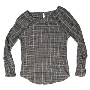 Anthropologie‎ Pilcro Shari Smocked Blouse Large Blue Plaid With Gold Striped